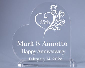 Floral Heart Bouquet in a Heart Wedding Anniversary Cake Topper Personalized Decoration Plaque - Clear Acrylic