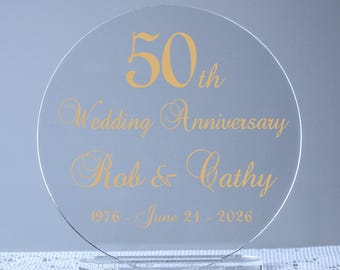 Golden 50th Metallic Gold Fancy Script Wedding Anniversary Cake Topper Keepsake 25th, 56th, Available for ANY Anniversary year!