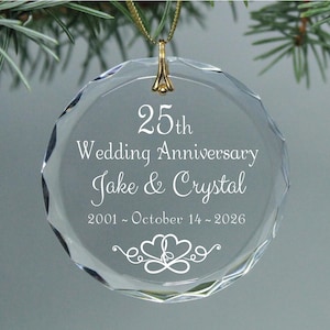 25th Infinity Two Hearts Wedding Anniversary Year Keepsake Crystal Glass Christmas Ornament Circle - Personalized for ANY Anniversary