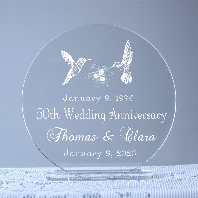 50th Hummingbirds Golden Wedding Anniversary Cake Topper Keepsake 25th, 60th or Any Celebration Year image 1