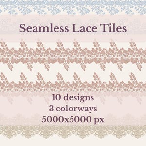May include: An image showcasing seamless lace tile designs in three colorways. The designs include floral and leaf patterns in shades of blue, brown, and beige. The text indicates 10 designs are available, with a resolution of 5000x5000 px.