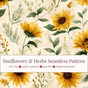 Puede incluir: Un patrón sin costuras con girasoles amarillos y hierbas verdes sobre un fondo crema. El texto dice: Sunflowers & Herbs Seamless Pattern, JPG file, 4096 x 4096 px, 300 DPI, Digital Download. El diseño incluye elementos florales de estilo acuarela.