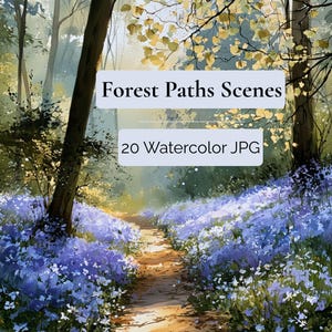 Puede incluir: Una ilustración en acuarela de un sendero forestal bordeado de flores azules y árboles altos con hojas amarillas. Dos cuadros de texto blancos centrados muestran las inscripciones Forest Paths Scenes y 20 Watercolor JPG en negro.