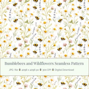 Pode incluir: Padrão sem costura com ilustrações em aquarela de abelhas, margaridas, trevos e raminhos de lavanda sobre um fundo branco. O design inclui o texto "Bumblebees and Wildflowers Seamless Pattern".