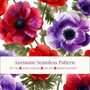 Anemone Watercolor Seamless Pattern JPG, Bold Graphic Floral Digital Paper, Red Purple Anemone Repeat Tile