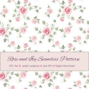 Watercolor Rose and Ivy Seamless Pattern PNG, Romantic Floral Digital Paper, Blush Pink Repeat Tile for Wedding Scrapbooking Fabric