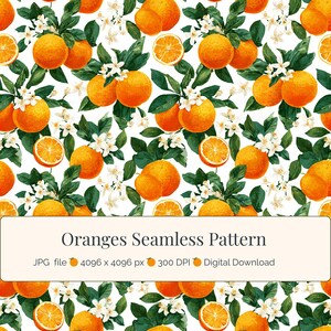 Könnte beinhalten: Ein nahtloses Muster mit leuchtend orangefarbenen Orangen, grünen Blättern und weißen Blüten auf weißem Hintergrund. Das Bild enthält ganze Orangen und Orangenscheiben. Der Text "Oranges Seamless Pattern" wird angezeigt.