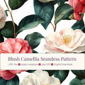 Camellia-aquarel naadloos patroon JPG, elegant botanisch digitaal papier, blush roze en witte Camellia Repeat-tegel