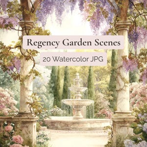 Può includere: Una collezione digitale di 20 immagini JPG ad acquerello intitolata Regency Garden Scenes, che mostra una fontana in pietra tra due colonne classiche drappeggiate con glicini viola, circondata da vegetazione lussureggiante e rose rosa.