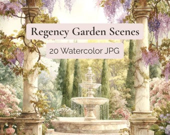 Regency Garden Clipart, 20 Watercolour Scenes, Printable JPG Digital Download, Cottagecore Ephemera, Wisteria Fountain Rose Garden