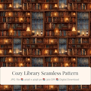 May include: A seamless pattern featuring a cozy library scene. The design includes bookshelves filled with books, windows with a snowy night view, and warm lighting from lamps and lanterns. The text "Cozy Library Seamless Pattern" is displayed.