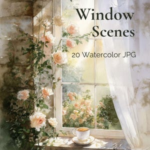 May include: A watercolour illustration of a window with a white curtain, a tea cup on a ledge, and climbing pale pink roses. The text reads Window Scenes 20 Watercolour JPG. The scene depicts a stone wall and a view of a garden through the glass pane.