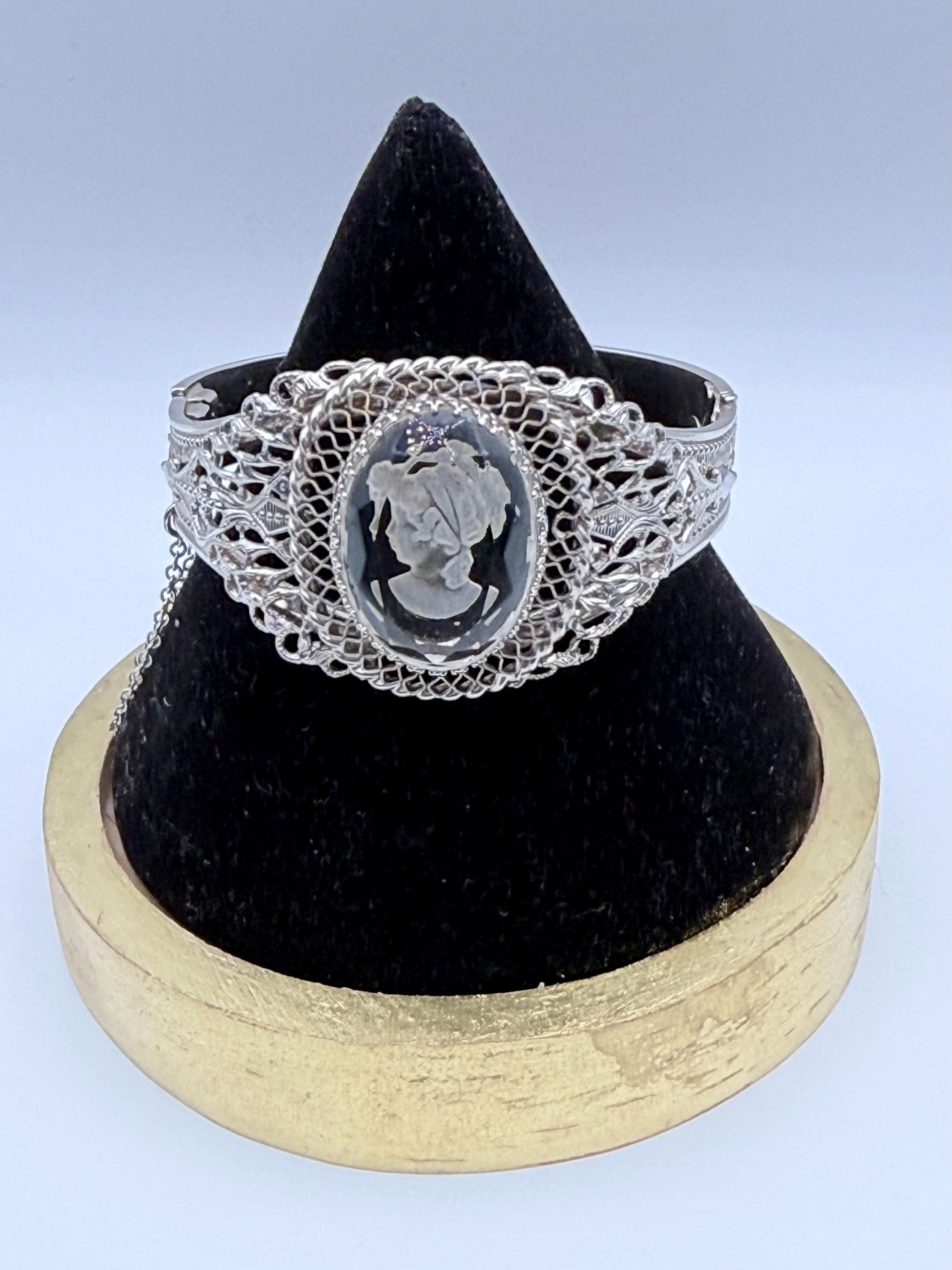 Whiting & Davis Cameo Bracelet, Intaglio Glass Cuff, Silver Tone…