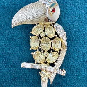May include: A vintage gold-tone parrot brooch with a textured beak and head, adorned with clear and yellow rhinestones. The parrot is perched on a crystal-studded branch, with a red eye.