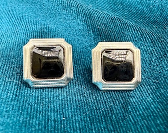 Vintage Christian Dior Geometric Earrings: Black Cabochon Silver Tone Clip-On Chr Dior 1980s