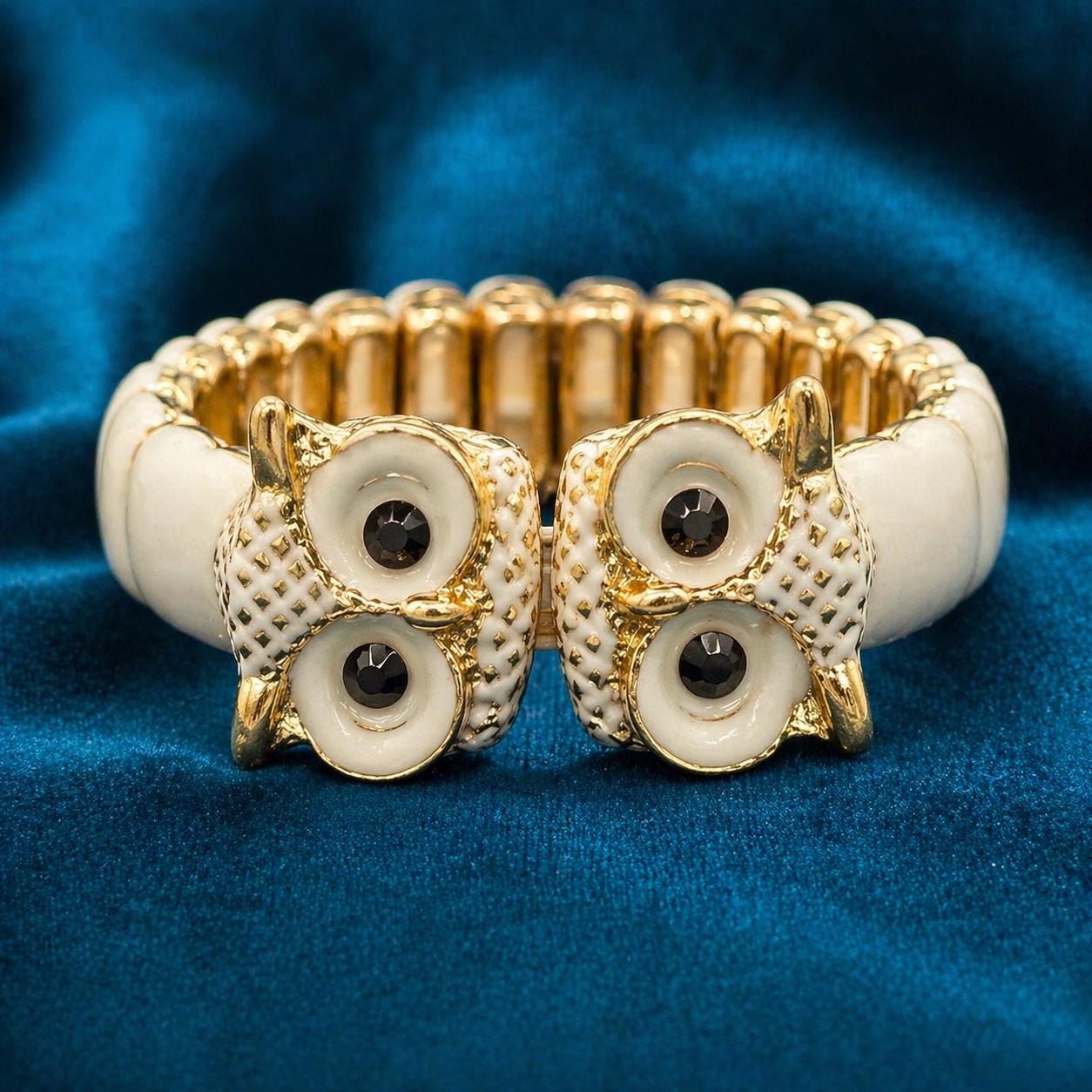 Vintage Owl Stretch Bracelet, Cream Enamel Gold Tone, 1970s Owl Jewelry, Double Owl Statement Bracel
