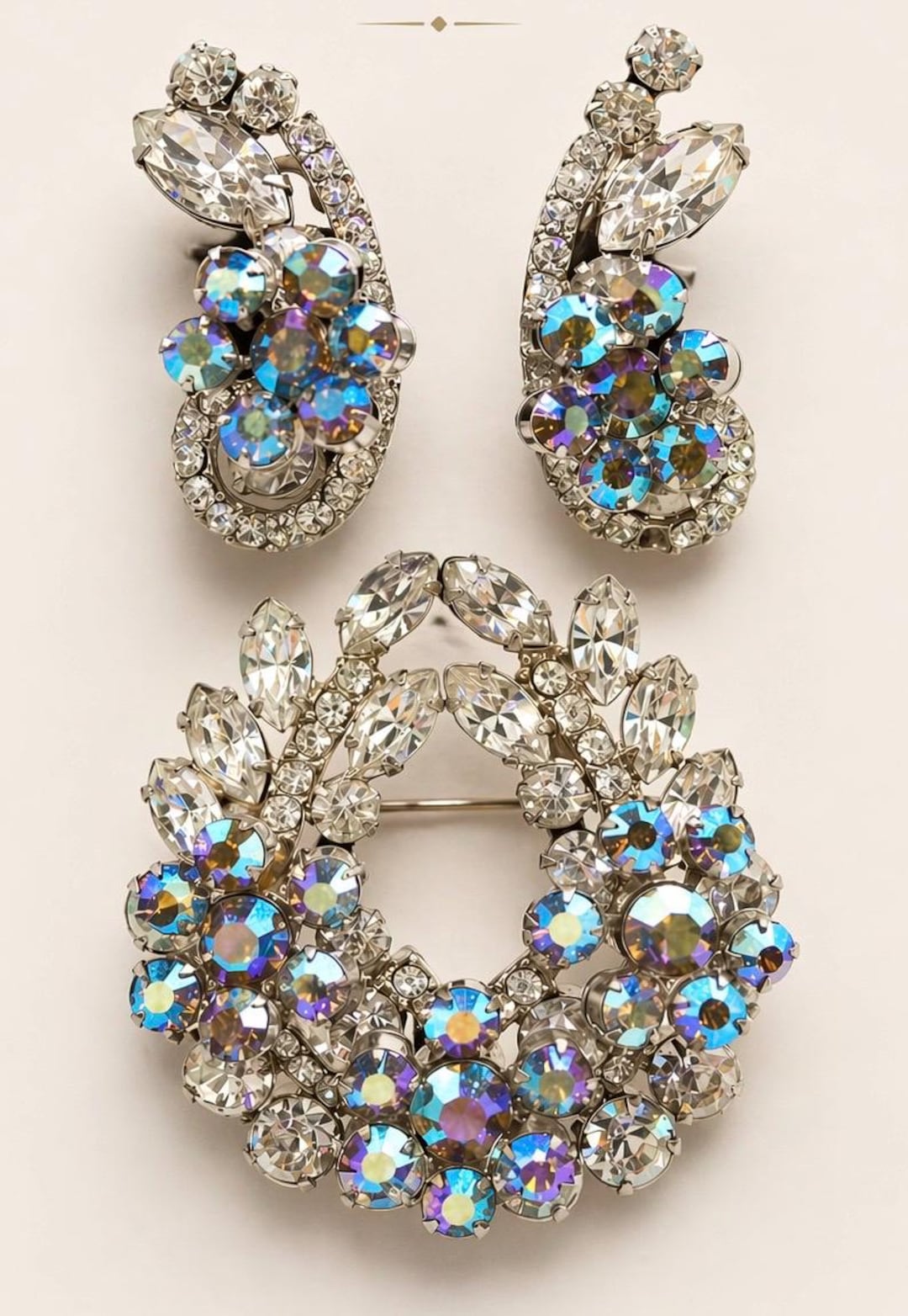 Vintage Juliana Brooch Earrings Set: AB Crystal Delizza Elster