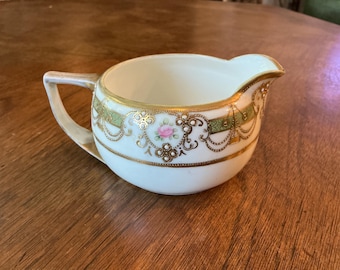 Nippon Creamer Hand Painted Antique Porcelain with Pink Roses and Gold and Blue Moriage Trim 1911-1921 Gb10