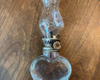 vintage clear glass, heart shaped  miniature oil lamp, mini hurricane lamp. 7.5” gb33