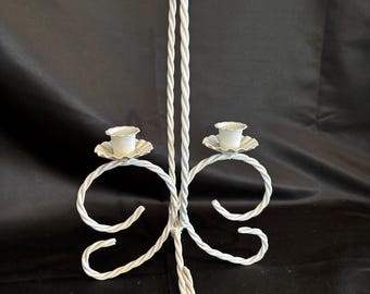 Vtg White Twisted Metal Double Taper Candle Stick Holder Decor GB19