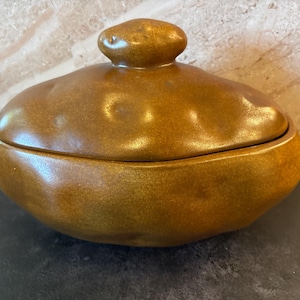 May include: A brown ceramic lidded container shaped like a potato. The vessel features a textured, uneven surface with small indentations and a rounded lid with a knob handle, mimicking the appearance of a natural, earthy root vegetable.