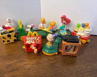 Vintage 1994 McDonald's Happy Meal Birthday Train toys featuring various characters. 8 pieces. C14
