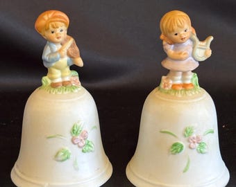 Vintage Homco #1416 Porcelain Bells Boy Girl w/ Musical Instruments  Violin Harp GB17
