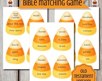 May include: A printable Bible matching game featuring candy corn-shaped cards with text. Each card displays three related words, such as God, Jesus, Holy Spirit, Noah, Jonah, Abraham, Daniel, Jacob, David, Adam, Moses, and Solomon, on a white background.