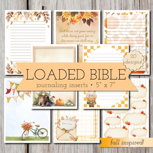 May include: A collection of 20 fall-inspired Bible journaling inserts measuring 5 inches by 7 inches. The sheets feature autumn themes including pumpkins, leaves, bicycles, and woodland creatures, with lined and blank spaces for writing notes.