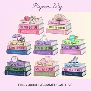 Bokstapel PNG-paket, 8 bokgenrer Clipart-set, romantik, skräck, mysterium, science fiction, cowboy, hockey, strand, historiska läsardesigner