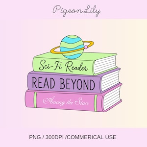 May include: A stack of three books with a planet illustration on top. The top book is light green with the text Sci-Fi Reader. The middle book is purple with the text READ BEYOND. The bottom book is pink with the text Among the Stars.