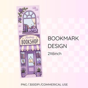 以下が含まれることがあります： 2x6インチの長方形のブックマークデザイン。Fantasy Bookshopと書かれた紫色の店舗が描かれています。イラストには、窓辺のドラゴン、本棚、鉢植え、魔法の薬の瓶、三日月の看板が含まれています。
