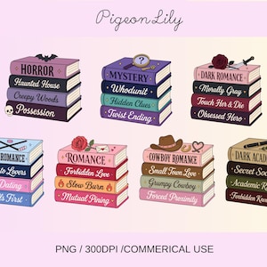 Może przedstawiać: Siedem stosów książek z różnymi etykietami gatunków i ikonami tematycznymi. Tekst zawiera Pigeon Lily, Horror, Mystery, Dark Romance, Hockey Romance, Romance, Cowboy Romance i Dark Academia oraz tytuły podgatunków na każdym grzbiecie.