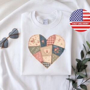 Patchwork Heart Sweatshirt for Women, Cottagecore Floral Soft Stitch, Handmade Look Boho Mom Gift