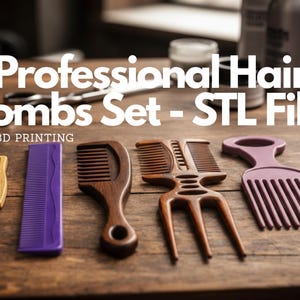 以下が含まれることがあります： さまざまなデザインと色の5つのプロ仕様のヘアコームのセット。小さなゴールドのコーム、紫のコーム、3つの木製コームが含まれています。「5 Professional Hair Combs Set - STL Files」というテキストが表示されています。