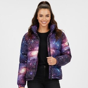 Könnte beinhalten: Gesteppte Jacke mit Galaxie-Print in Lila, Blau und Rosa. Die Jacke hat einen hohen Kragen und einen Reißverschluss. Das Model trägt eine schwarze Hose und Stiefel. Ein auffälliges Oberbekleidungsstück.