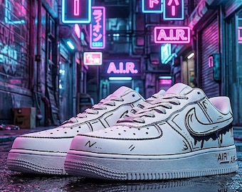 Zapatillas AF1 pintadas a mano: zapatillas estilo cómic en blanco y negro, Air Force 1 con grafiti personalizado y diseño de Swoosh con goteo.