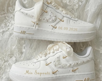 Wedding Pearl Sneakers, Personalized Wedding Sneakers  for Bride , Custom Wedding Air Force 1, Wedding Reception Shoes, Custom Name Sneakers
