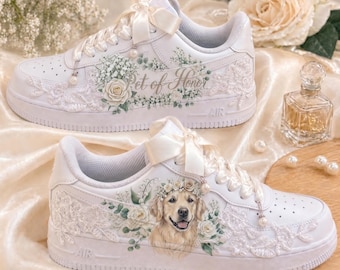Zapatillas Air Force 1 para novias, zapatos de novia con encaje de perlas, zapatos de novia personalizados con retrato de mascota.