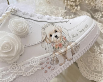 Zapatillas de boda Air Force 1 para novias, zapatos de novia con encaje de perlas, zapatillas de boda cómodas y personalizadas con nombre.