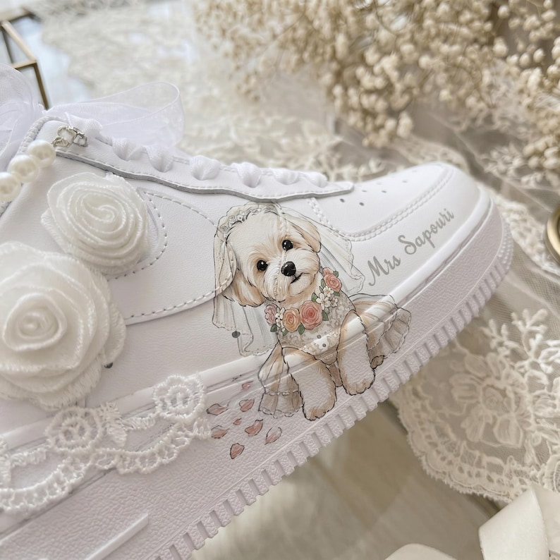 Bridal Air Force 1 Wedding Sneakers, Pearl Lace Bride Shoes,  Custom Name Personalized Comfortable Wedding Trainers