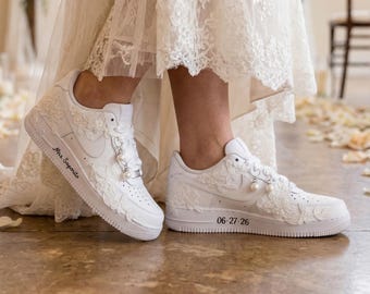 Wedding Sneakers Air Force 1 with lace, Custom Bridal Sneakers for Bride - Pearl Wedding Sneakers