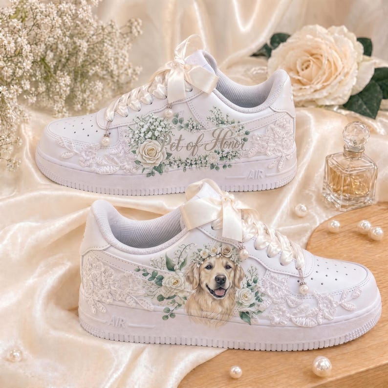 Bridal Wedding Air Force 1 Sneakers, Pearl Lace Bridal Shoes, Custom Pet Portrait Personalized Bride Shoes