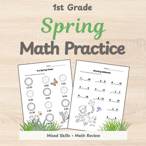 Könnte beinhalten: Zwei Arbeitsblätter für Matheübungen im Frühling der 1. Klasse. Ein Arbeitsblatt enthält Zifferblätter, um die Uhrzeit anzuzeigen, und das andere fehlende Summanden. Die Arbeitsblätter sind mit Frühlingsillustrationen verziert.