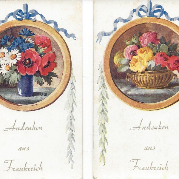 Lot of 2 Circa 1920s German Antique/Vintage Postcards - Souvenirs from France - Andeuken aus Frankreich - Ephemera - UNUSED - Made in Paris