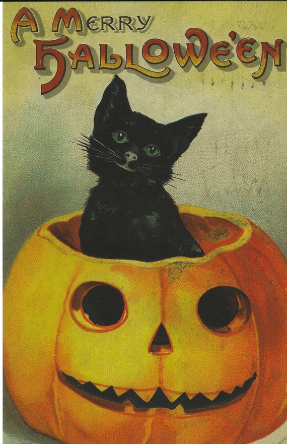 Antique Halloween Postcard Reproductions - Heavy Card Stock - 5 Different Nostalgic Images - Pumpkins - Black Cats - Witches - Children