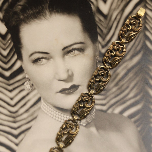 Circa 1930S / 1940s CZECH Antiqued Brass / Bronze Art Deco Repousse Bracelet - New Old Stock - NOS - Bookchain Connectors