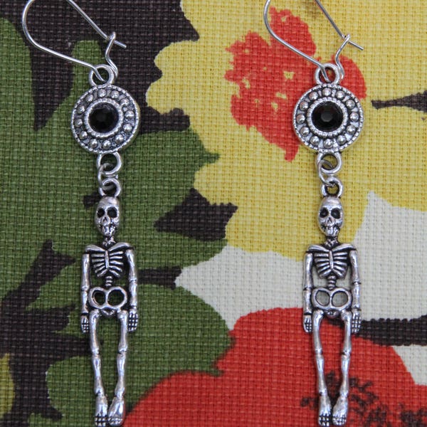 FREE Shipping w/ other item - Handmade HALLOWEEN Skeleton Dangle Earrings with Bling - 6 Colors - Spooky - Sparkly