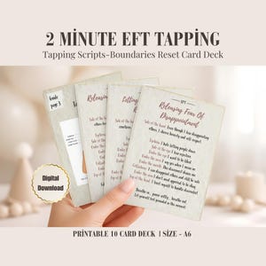 Two minute EFT tapping card scripts, printable A6 set of healing and mindfulness guides, resetting boundaries and self-awareness card deck