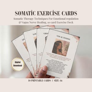 May include: A set of somatic exercise cards, A6 size, with the title "Somatic Exercise Cards". The cards feature illustrations and text on somatic therapy techniques for emotional regulation and vagus nerve healing, including vocal toning.